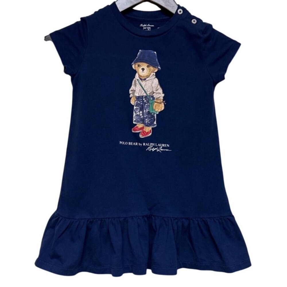 Ralph Lauren Girl's Jersey Dress Bear Graphic Short Sleeve Ruffle 24 Months